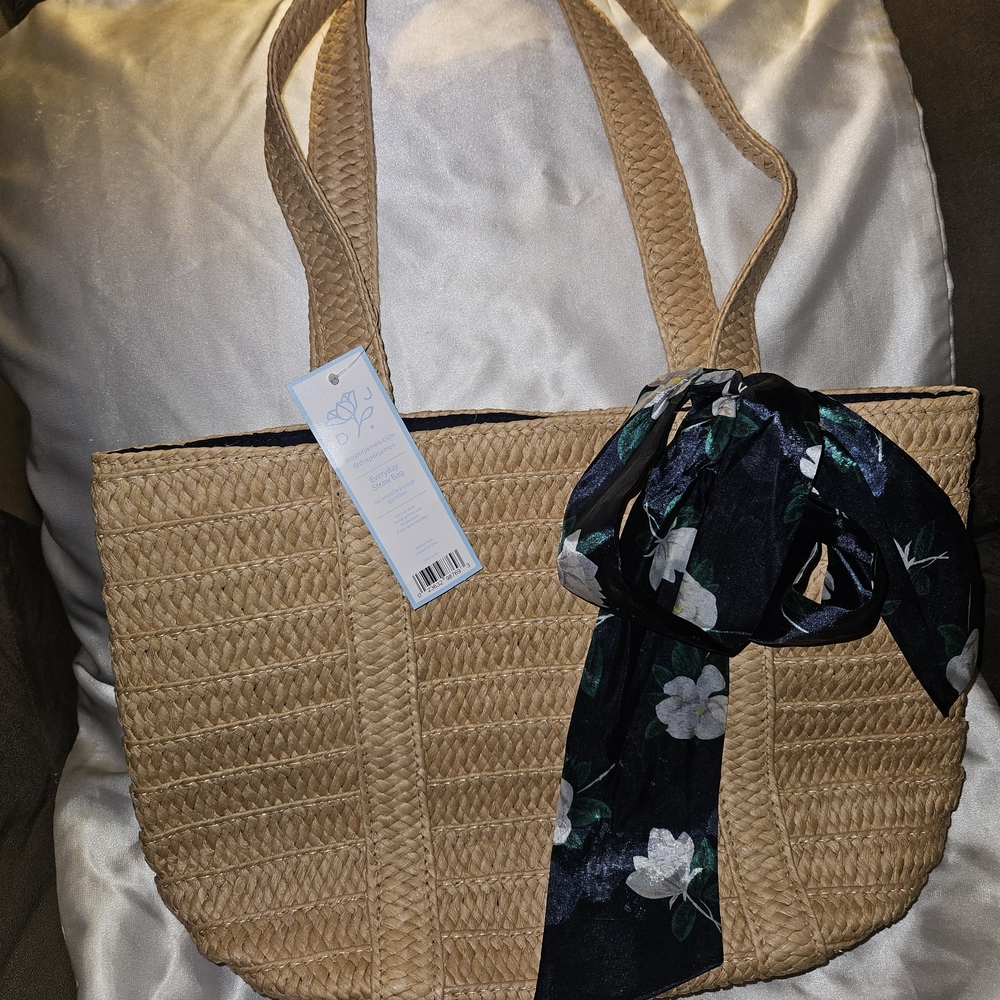 Draper James Tan Woven Tote with Black Floral Accent